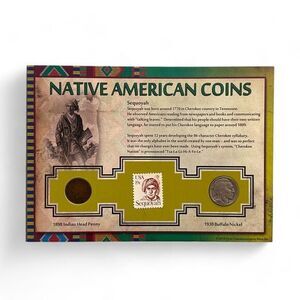 Native American Coins 1898 Indian Head & 1930 Buffalo Nickel + Sequoyah Stamp